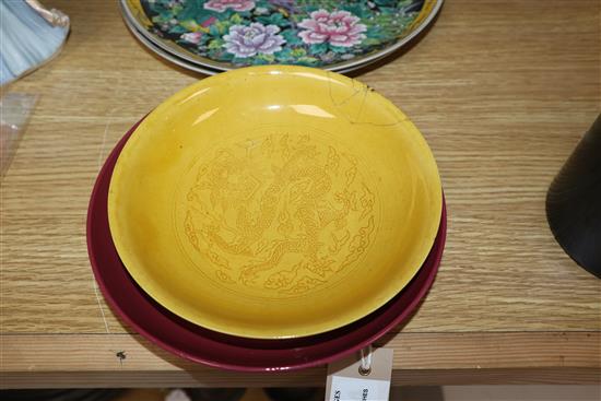 A Chinese ruby ground dish and a yellow dragon dish and two others largest diameter 26cm